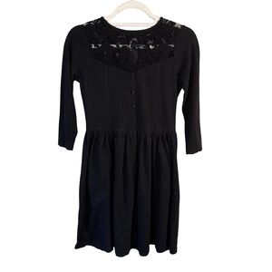 ASOS Black Lace 3/4 Length Sleeve Dress Lace Yoke Size 4 Cottagecore Romantic